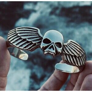 8 Inch Mens Stainless Steel Motorcycle Biker Skull Cuff Bangle Bracelet